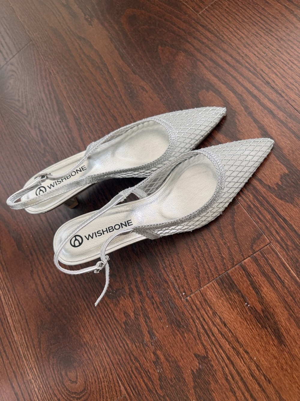 Wishbone Silver Pointed Slingback Heels with Textured Finish